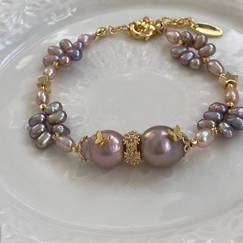 B78- Handmade Edison Pearl Butterfly Braided Bracelet - Picture 8 of 13